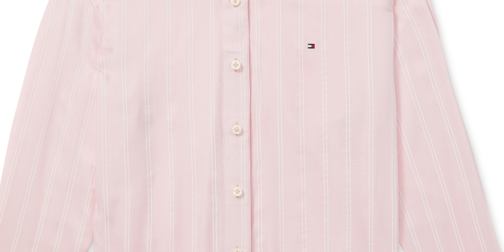 Camisa feminina Tommy Hilfiger listrada com fecho magnético e bainha amarrada, rosa, tamanho grande