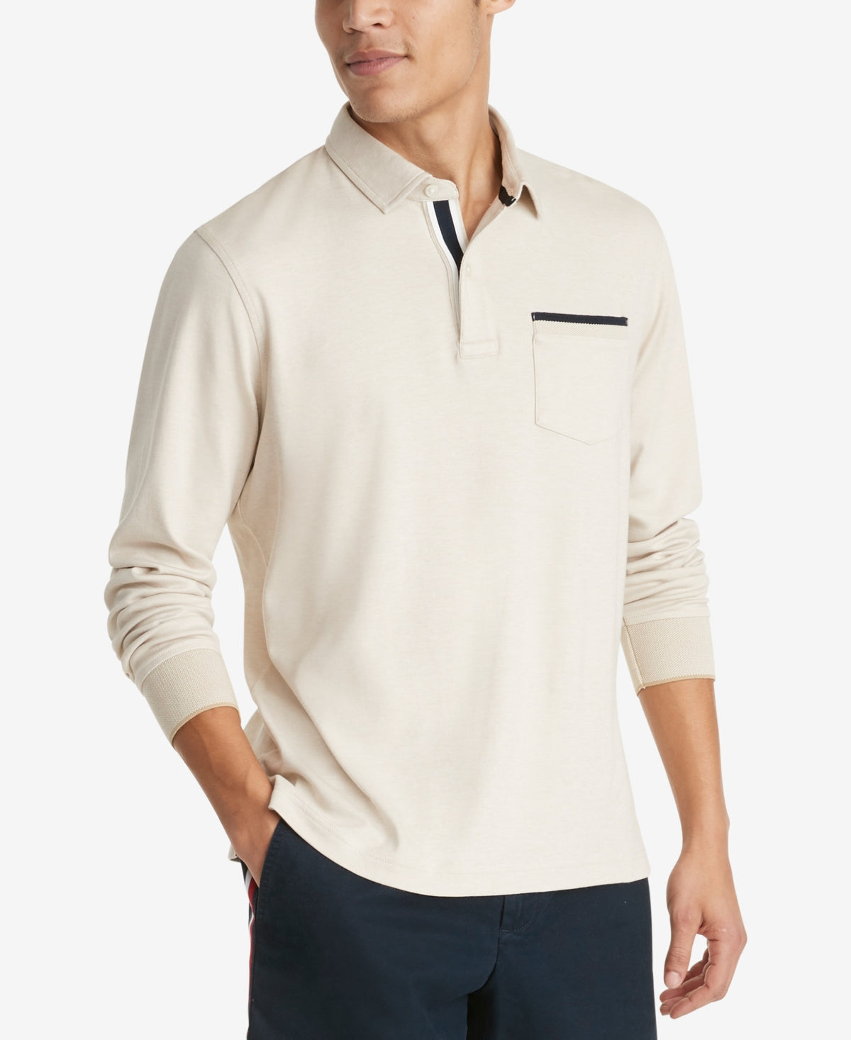 Polo Tommy Hilfiger Masculino Th Luxe Super Soft Manga Longa Bege Tamanho G