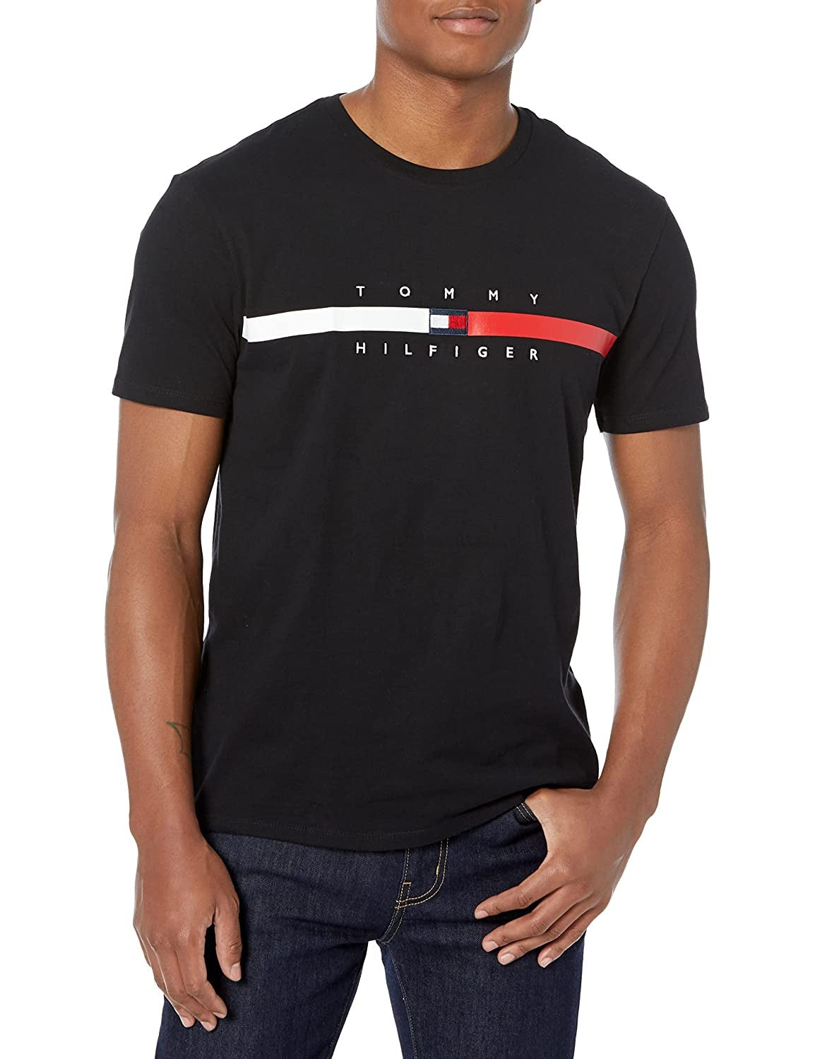 Camiseta Tommy Hilfiger Masculina Listrada de Bandeira Manga Curta Preta Tamanho P