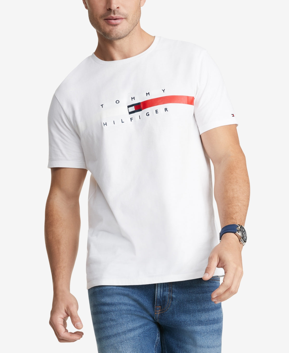 Camiseta Tommy Hilfiger Masculina Listrada de Bandeira Manga Curta Branca Tamanho P