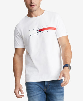 Camiseta Tommy Hilfiger Masculina Listrada de Bandeira Manga Curta Branca Tamanho P