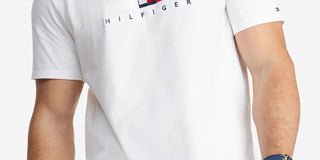 Camiseta Tommy Hilfiger Masculina Listrada de Bandeira Manga Curta Branca Tamanho P