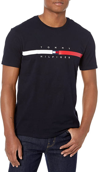 Camiseta Tommy Hilfiger Masculina Listrada de Bandeira Manga Curta Azul Tamanho X-G