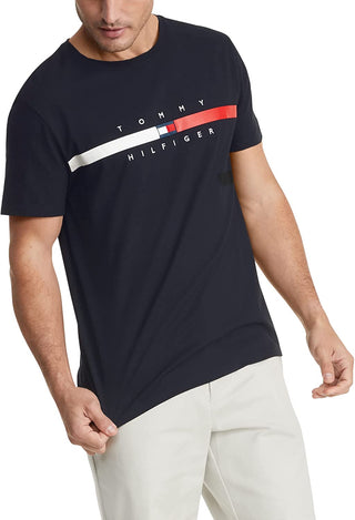 Camiseta Tommy Hilfiger Masculina Listrada de Bandeira Manga Curta Azul Tamanho X-G
