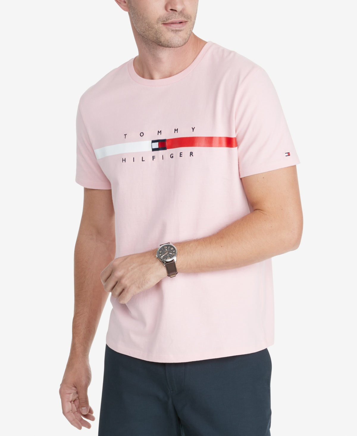 Camiseta Tommy Hilfiger Masculina Listrada de Bandeira Manga Curta Rosa Tamanho Grande