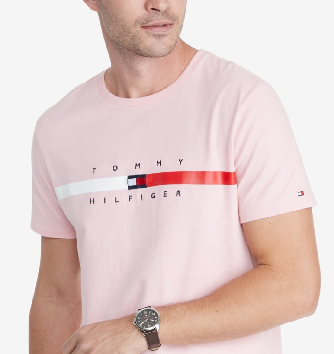 Camiseta Tommy Hilfiger Masculina Listrada com Bandeira e Manga Curta Rosa Tamanho XXG