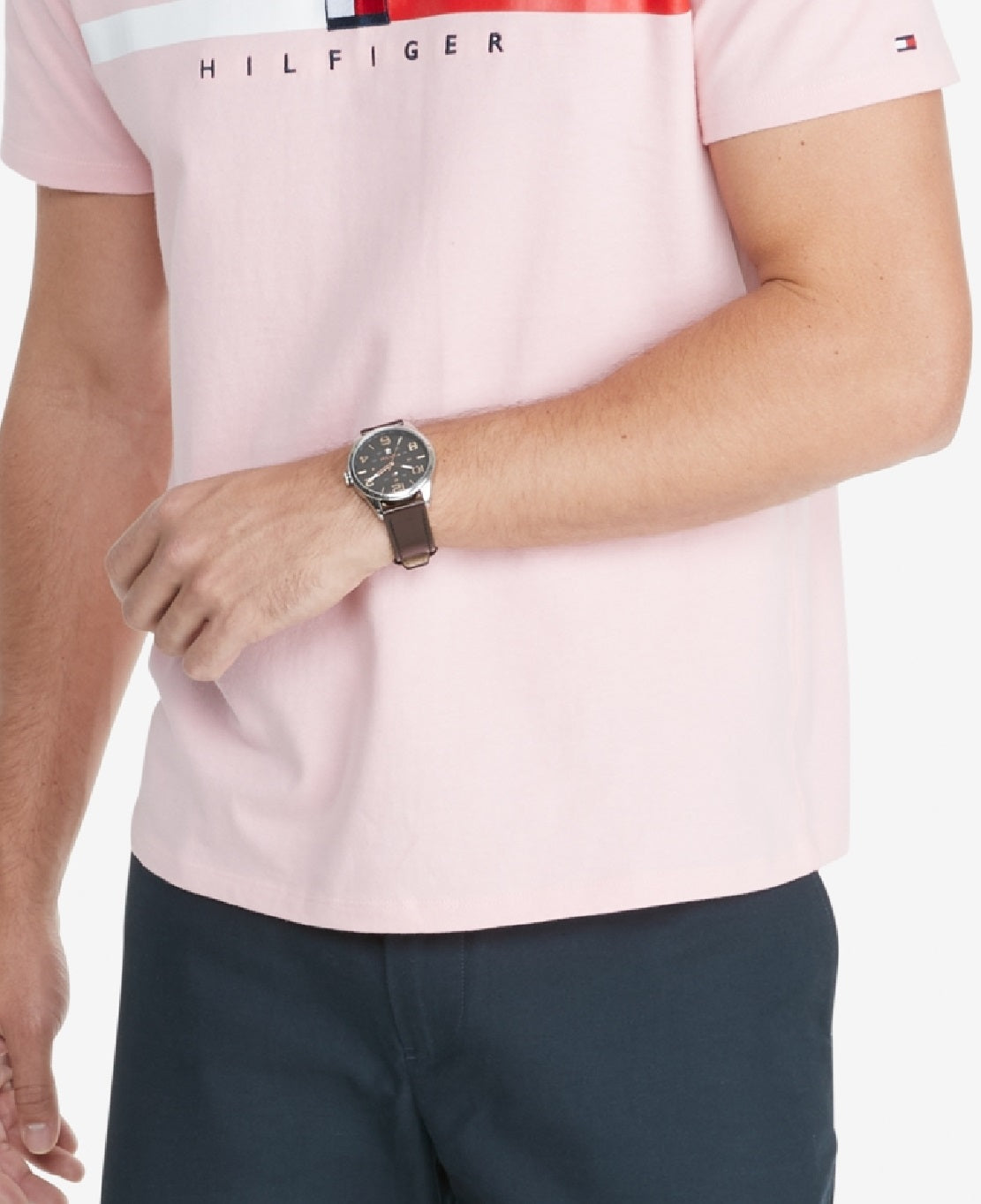 Camiseta Tommy Hilfiger Masculina Listrada com Bandeira e Manga Curta Rosa Tamanho XXG