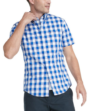 Camisa xadrez masculina Tommy Hilfiger Classic Fit manga curta azul tamanho XXXL