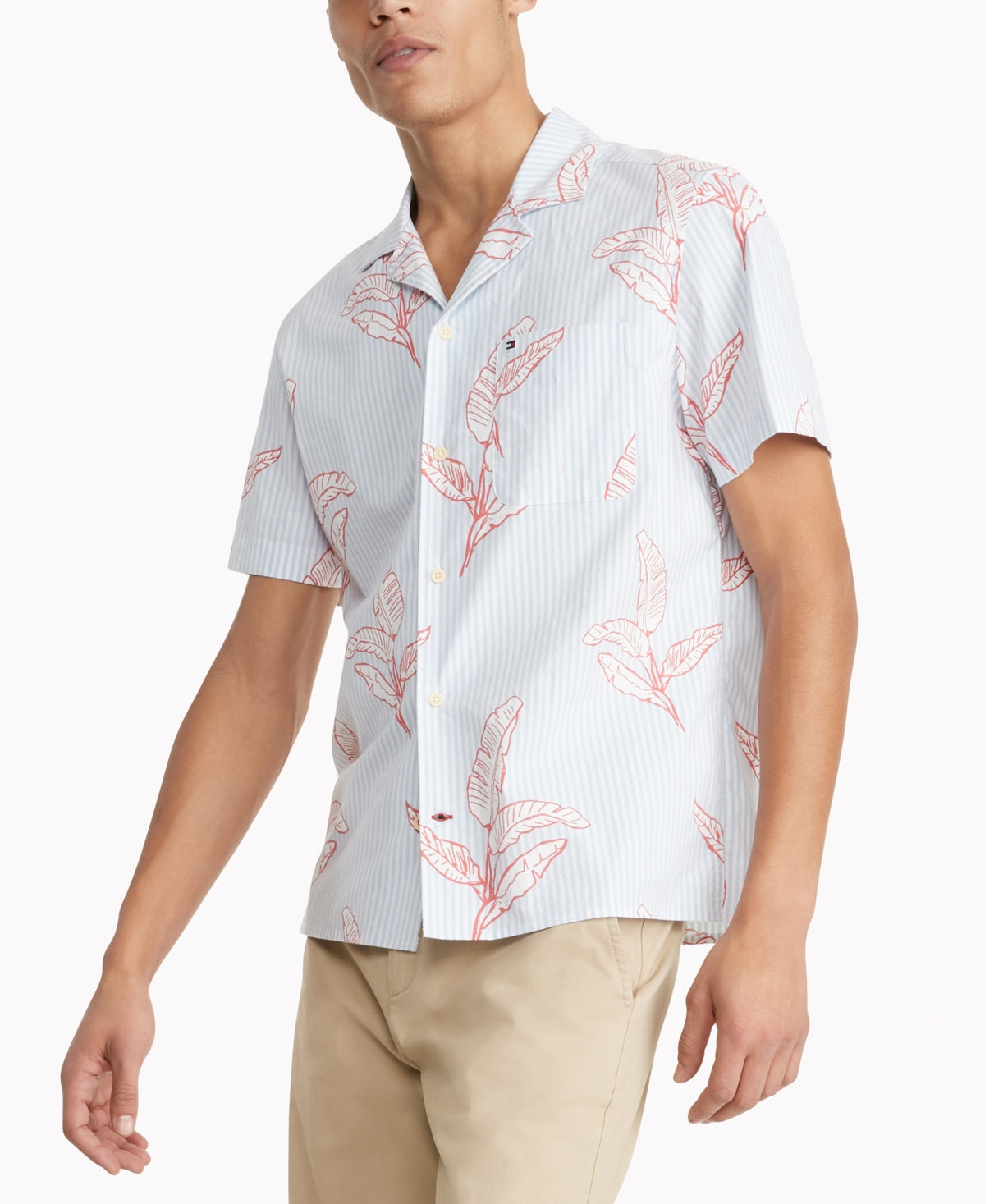 Camisa Tommy Hilfiger Masculina Palm Print CustomFit Manga Curta Rosa Tamanho X-G
