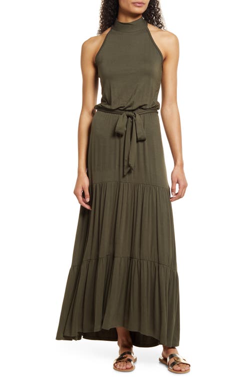 Loveappella Olive Tiered Halter Maxi Dress - Large