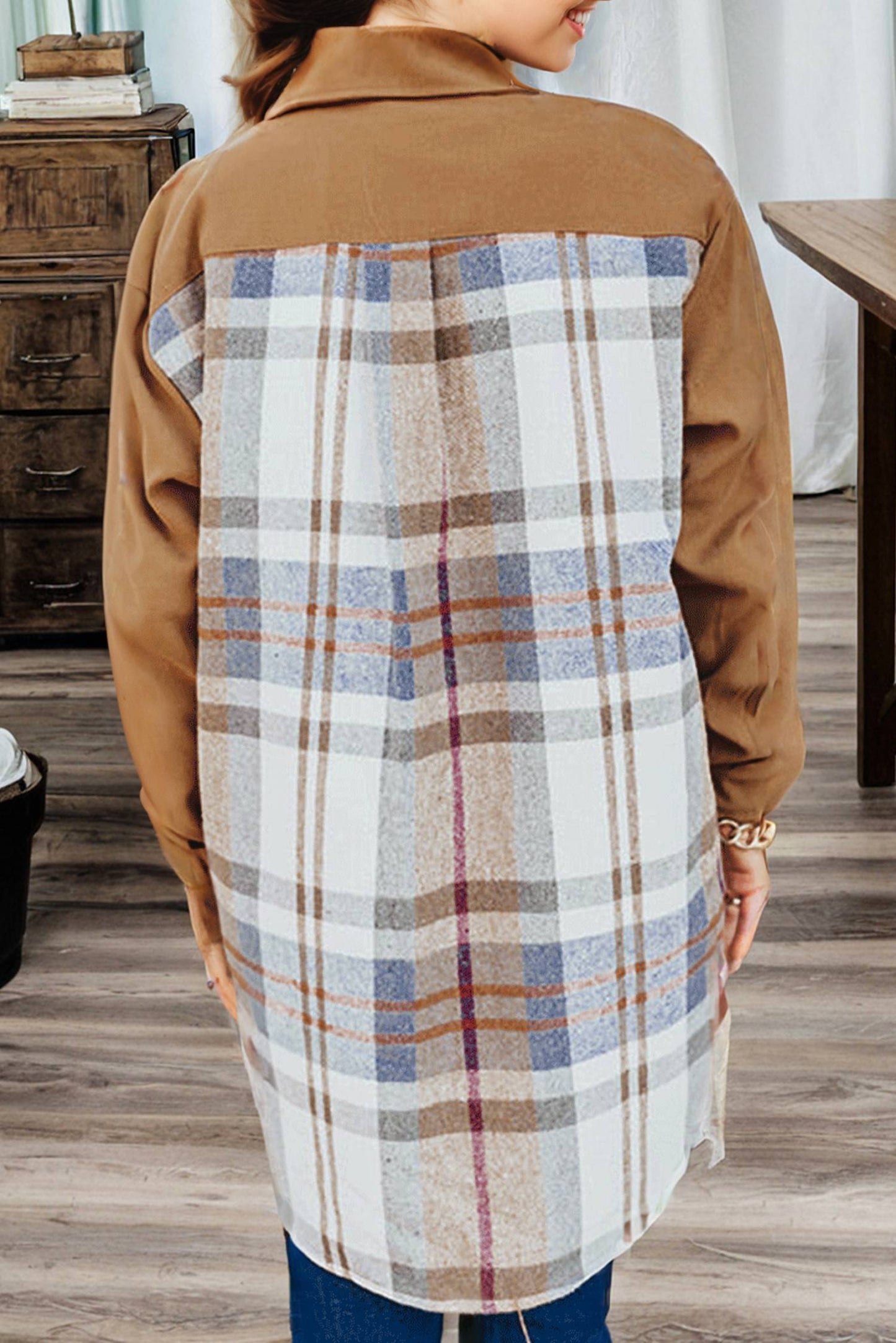 1 The Woman - Plaid Patch Work Long Sleeve Shirt Mini Fall Dress