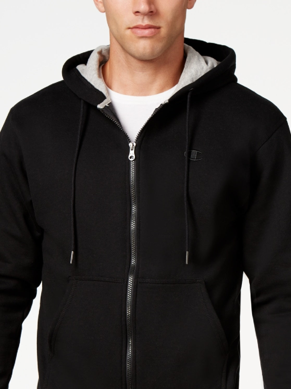 Champion Powerblend Fleece com capuz e zíper masculino, preto, tamanho grande