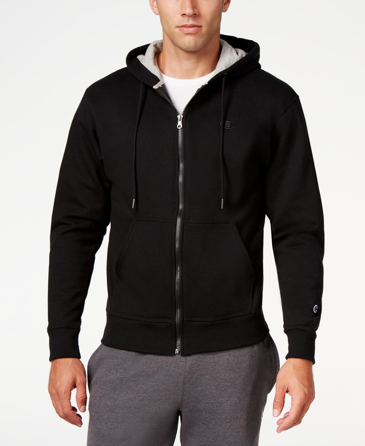 Champion Powerblend Fleece com capuz e zíper masculino, preto, tamanho grande