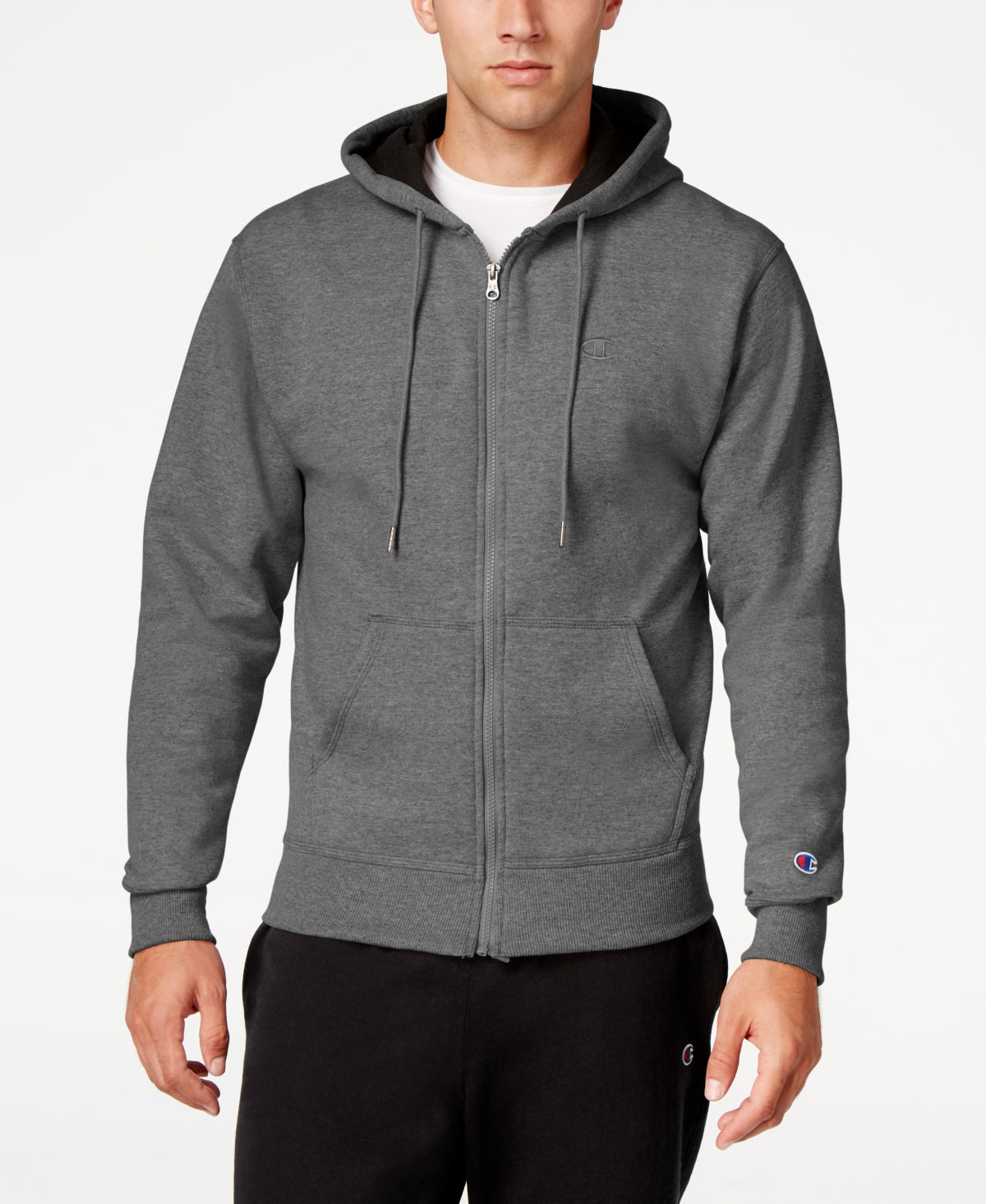 Moletom com capuz Champion Powerblend Fleece com zíper, cinza, tamanho grande, masculino