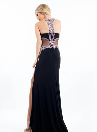 Rachel Allan - Beaded Jersey Prom Gown With High Slit