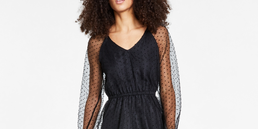 Vestido transparente com bolinhas suíças Bar III feminino, preto, tamanho X-S