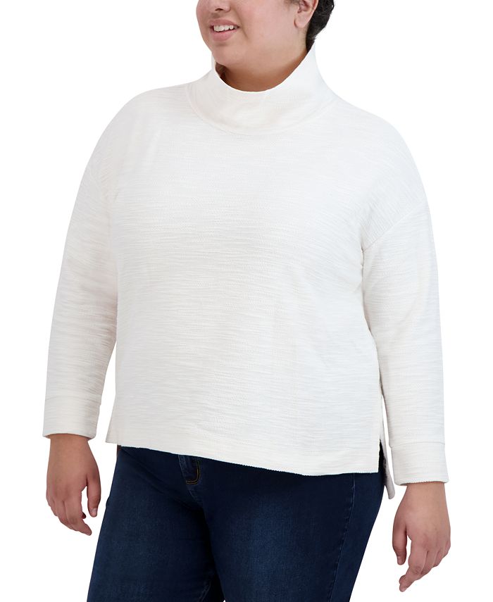 Jones New York Blusa feminina de algodão com fendas laterais e gola alta, branca, tamanho 2X
