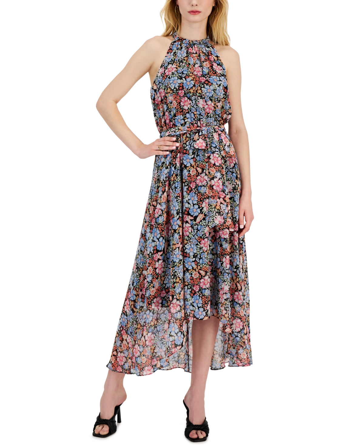 Vestido midi alto e baixo estampado de chiffon da INC International Concepts para mulheres, preto, tamanho 14