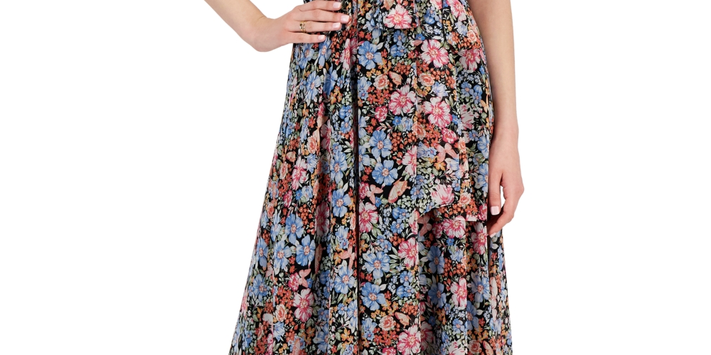 Vestido midi alto e baixo estampado de chiffon da INC International Concepts para mulheres, preto, tamanho 14