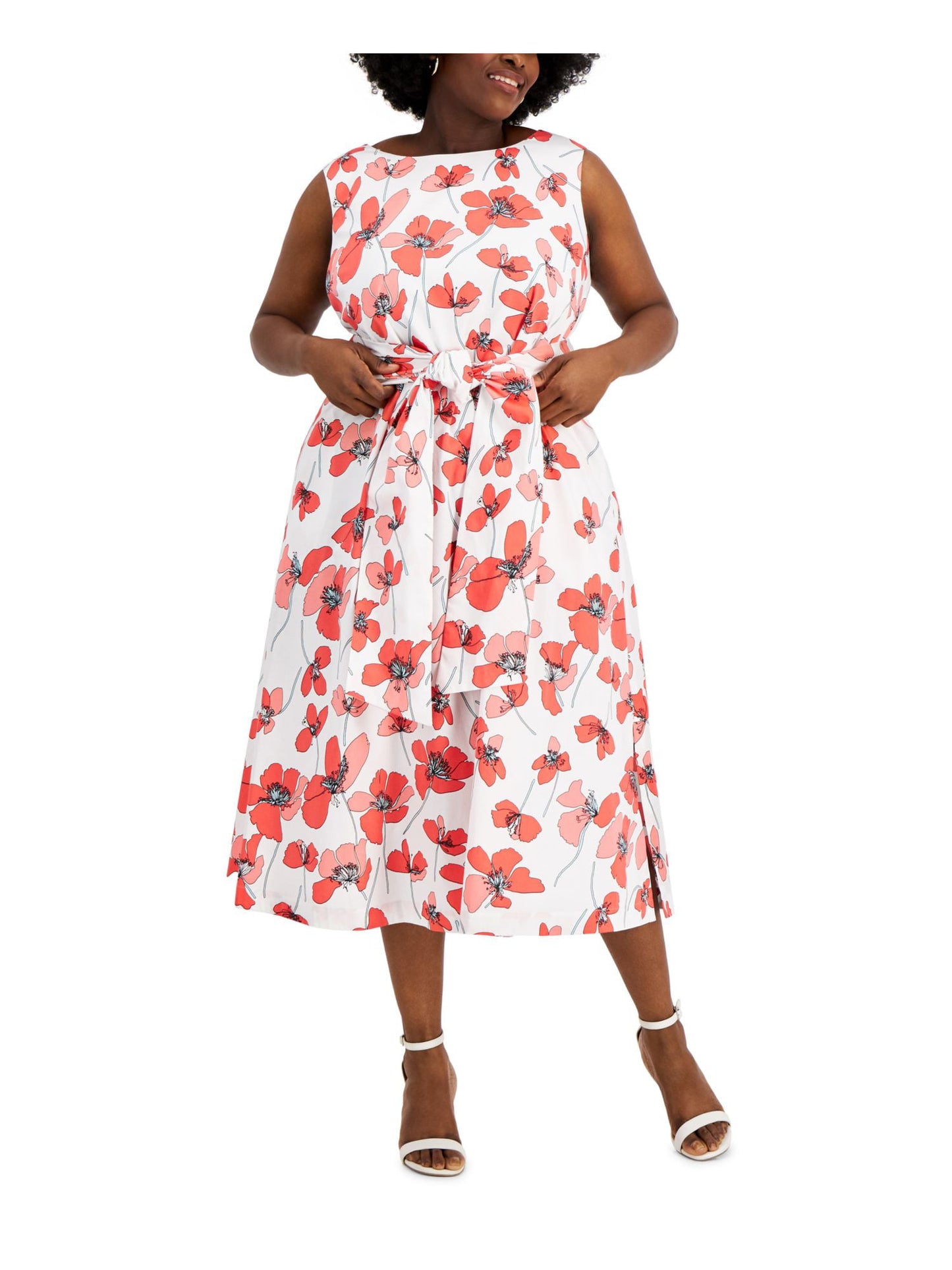Vestido feminino Anne Klein com bolsos, amarração frontal, fenda na bainha, forro floral, sem mangas, gola redonda, midi, para usar no trabalho, ajuste flare, plus size vermelho 1X