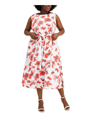 Vestido feminino Anne Klein com bolsos, amarração frontal, fenda na bainha, forro floral, sem mangas, gola redonda, midi, para usar no trabalho, ajuste flare, plus size vermelho 1X