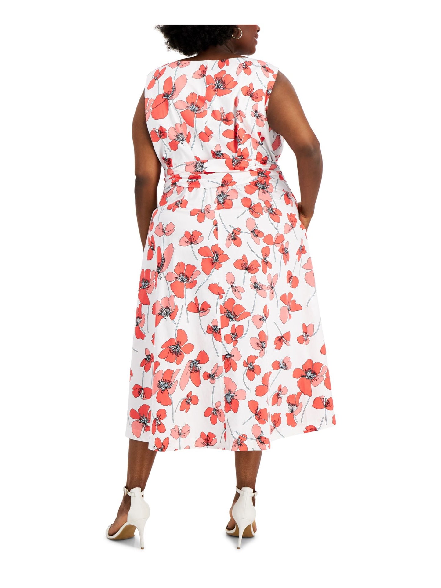 Vestido feminino Anne Klein com bolsos, amarração frontal, fenda na bainha, forro floral, sem mangas, gola redonda, midi, para usar no trabalho, ajuste flare, plus size vermelho 1X