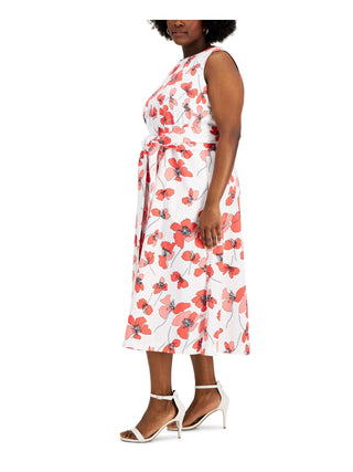 Vestido feminino Anne Klein com bolsos, amarração frontal, fenda na bainha, forro floral, sem mangas, gola redonda, midi, para usar no trabalho, ajuste flare, plus size vermelho 1X