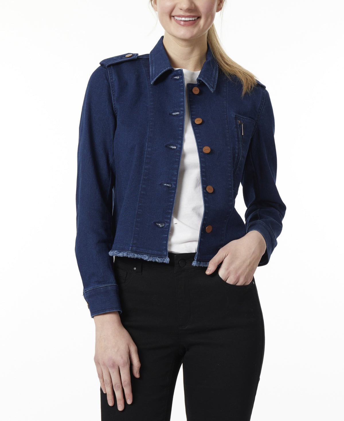 Jaqueta jeans feminina Jones New York com franjas, azul, tamanho médio