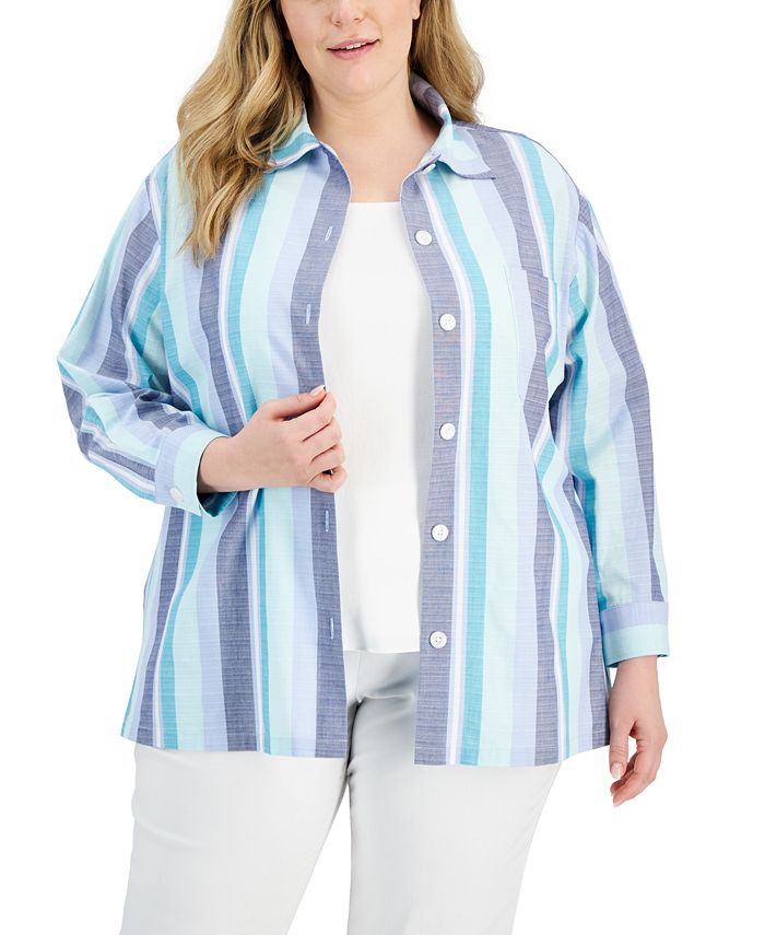 Anne Klein Women's Striped Oxford Shacket Blue Size 0X
