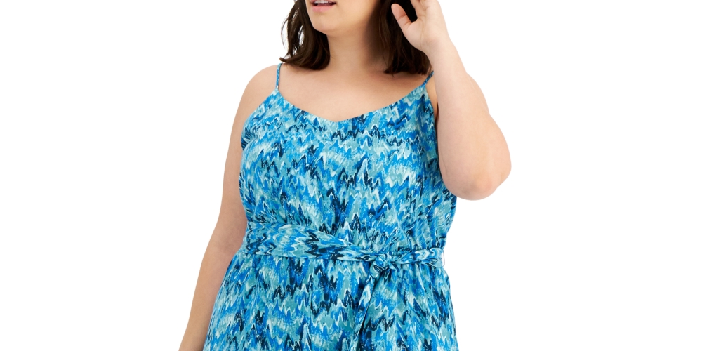 Macacão feminino Bar III Plus com estampa e decote em V, azul, tamanho 1X