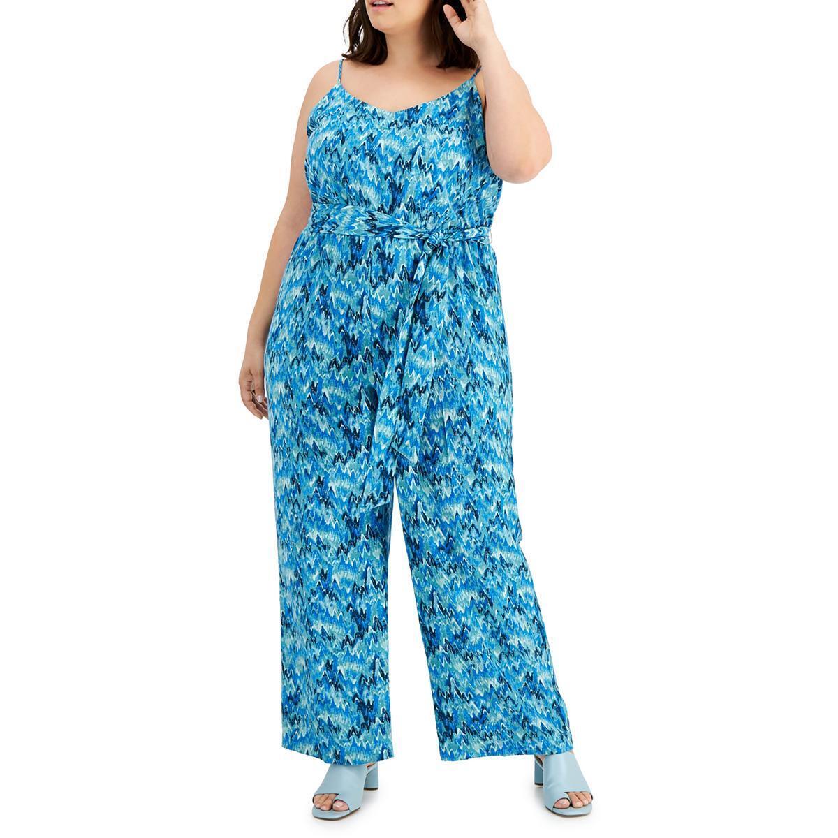 Macacão feminino Bar III Plus com estampa e decote em V, azul, tamanho 2X