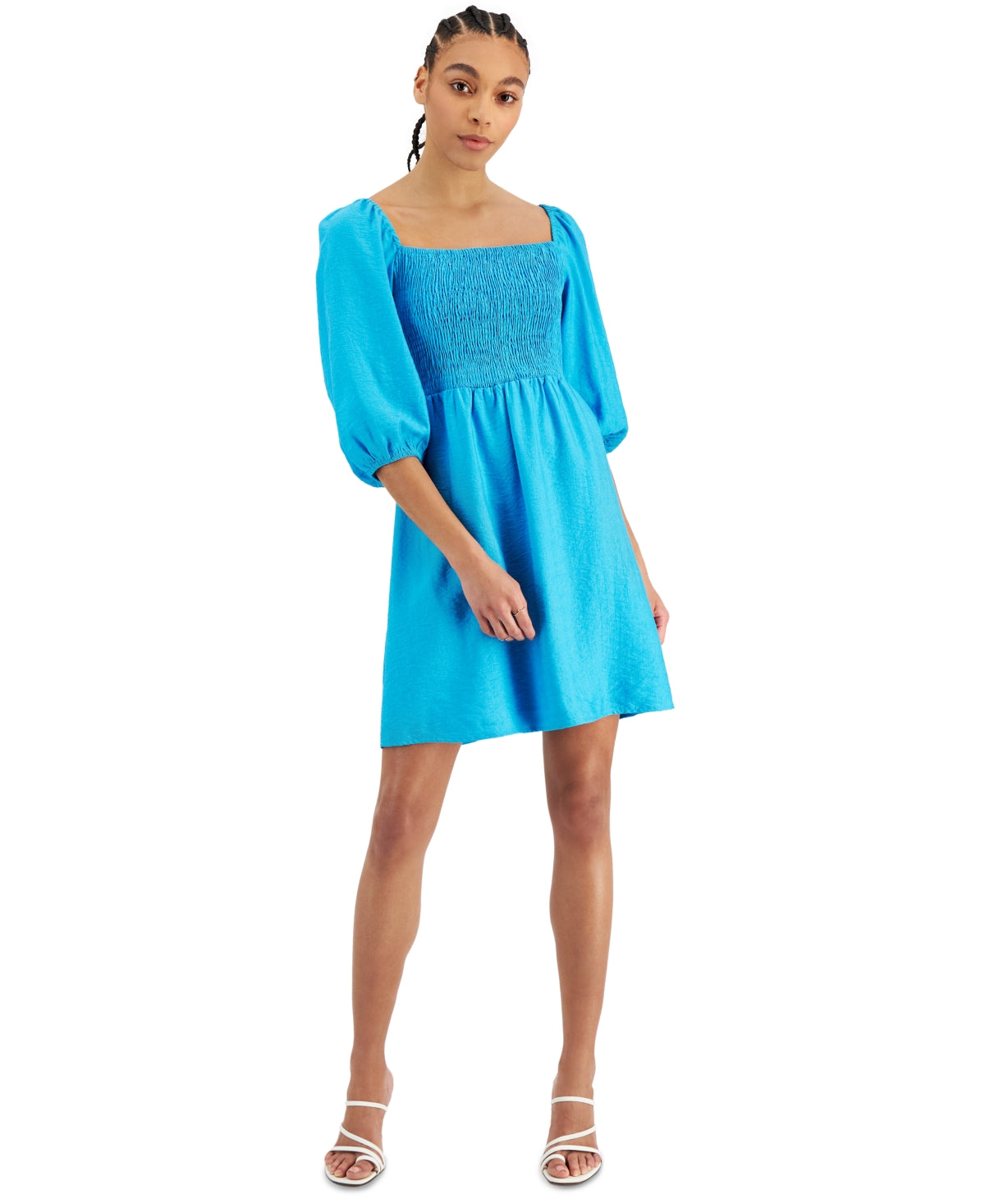 Vestido smocked com manga bufante Bar III feminino, azul, tamanho pequeno