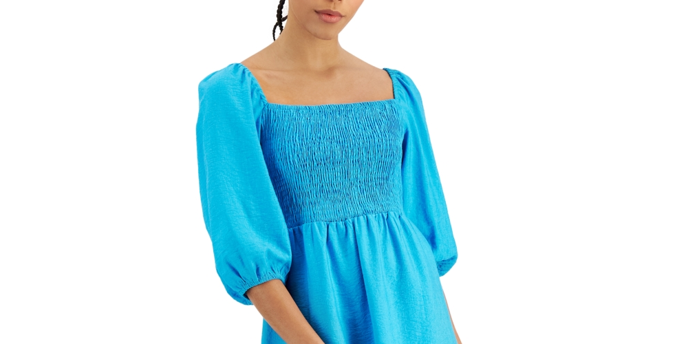 Vestido smocked com manga bufante Bar III feminino, azul, tamanho pequeno