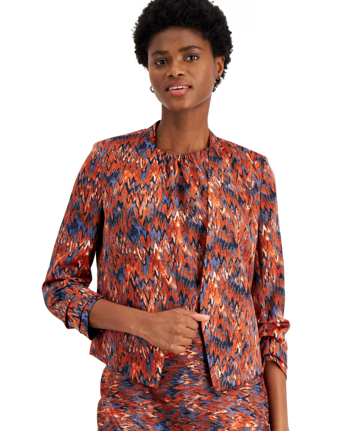 Blazer feminino Bar III com estampa Ikat e manga franzida, azul, tamanho XX-S