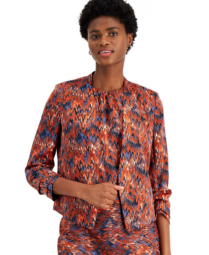 Blazer feminino Bar III com estampa Ikat e manga franzida, azul, tamanho pequeno