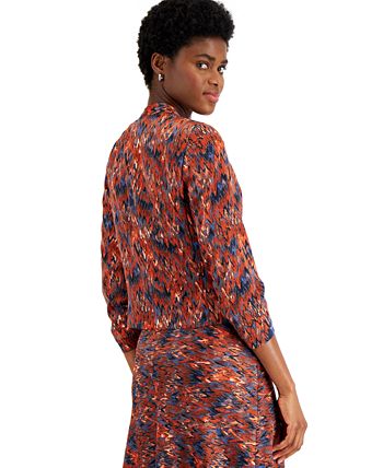 Blazer feminino Bar III com estampa Ikat e manga franzida, azul, tamanho pequeno