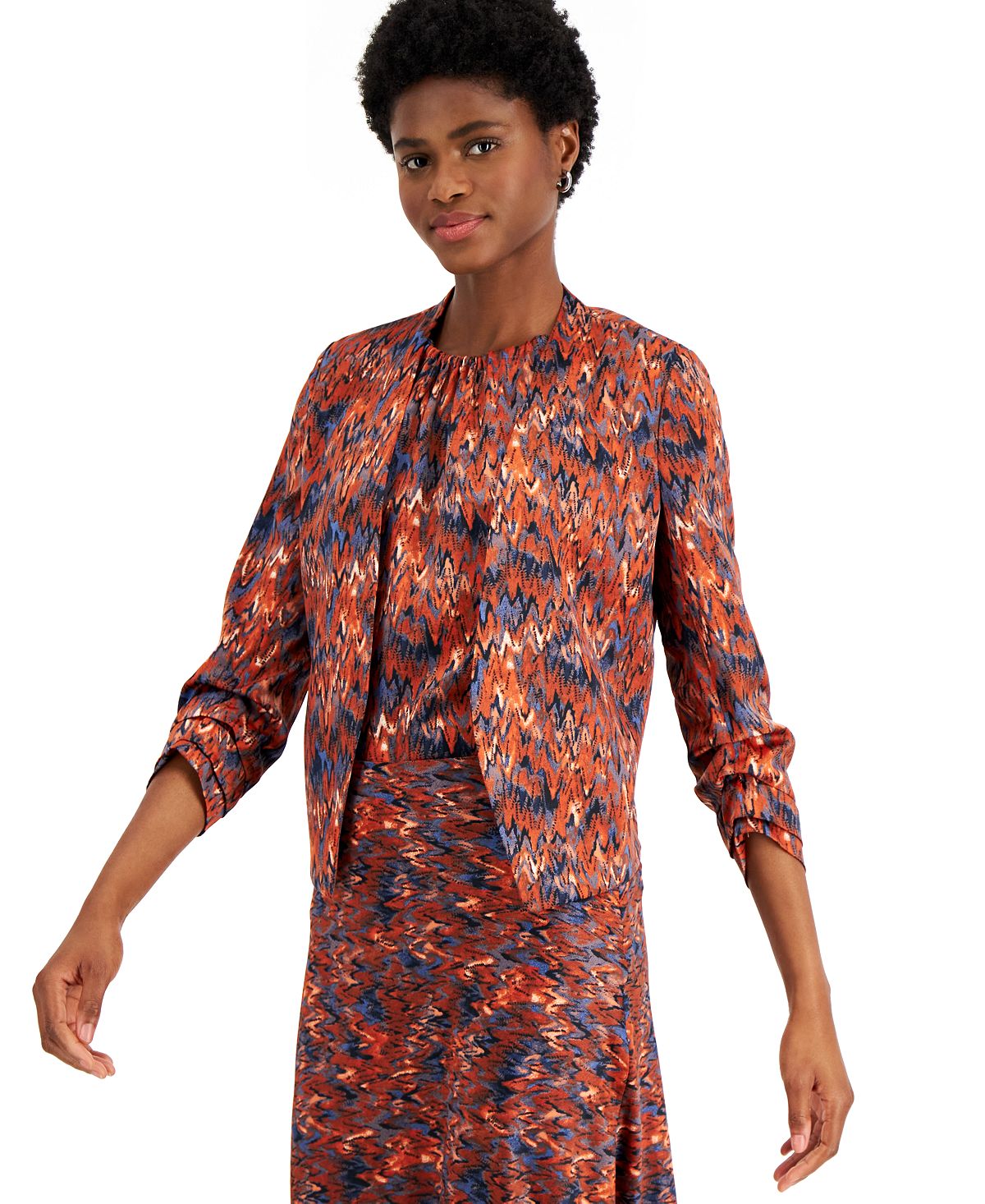 Blazer feminino Bar III com estampa Ikat e manga franzida, azul, tamanho pequeno