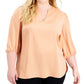Blusa feminina Anne Klein Plus com decote dividido, marrom, tamanho 3X