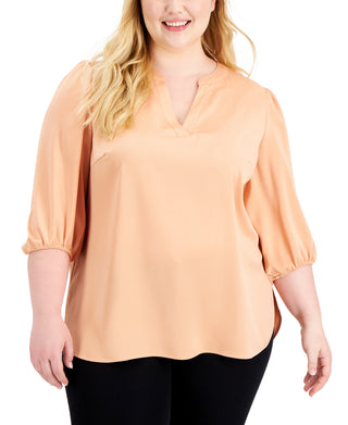 Blusa feminina Anne Klein Plus com decote dividido, marrom, tamanho 3X