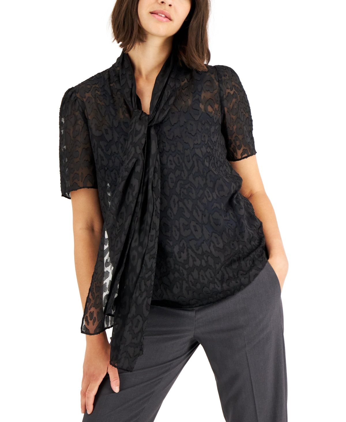 Blusa feminina Anne Klein com estampa xadrez e gola alta, preta, tamanho 14