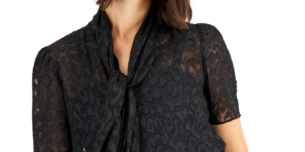 Blusa feminina Anne Klein com estampa xadrez e gola alta, preta, tamanho 14