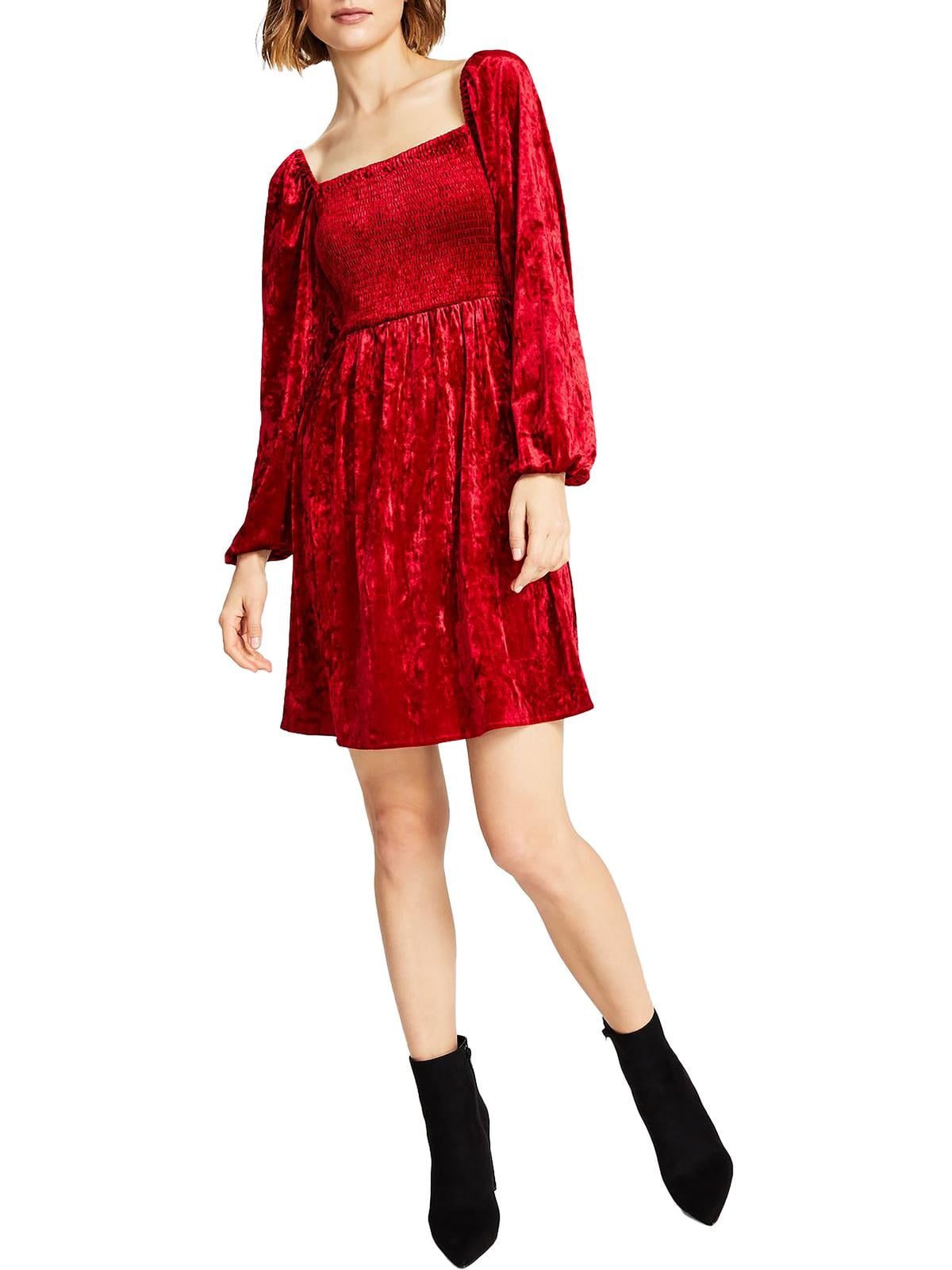 Vestido feminino Bar III de veludo com manga comprida e babados, vermelho, tamanho pequeno
