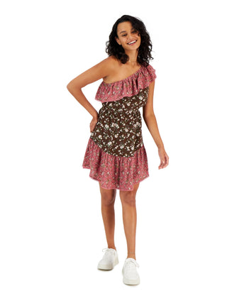 Vestido assimétrico de um ombro só com babados Bar III feminino, marrom, tamanho pequeno