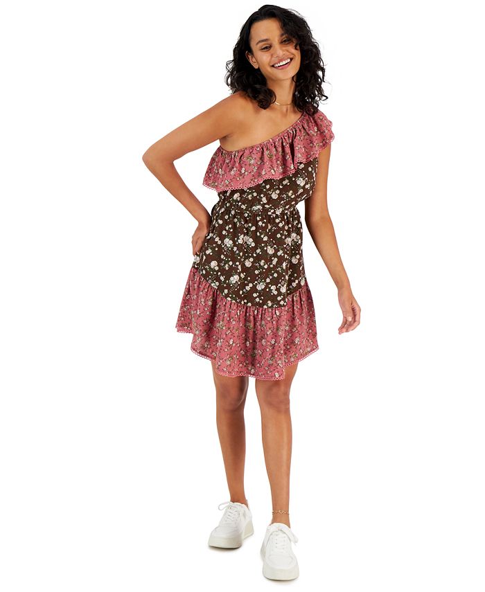 Vestido assimétrico de um ombro só com babados Bar III feminino, marrom, tamanho extragrande