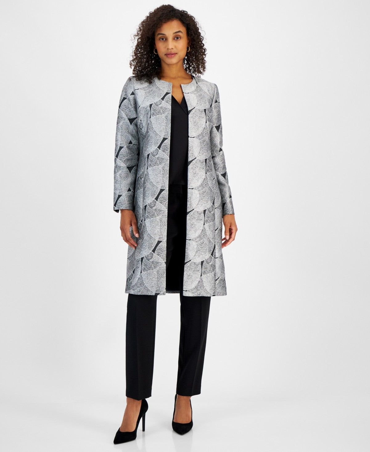 Kasper Womens Petite Metallic Leaf Jacquard Open Front Longline Blazer Black Multi