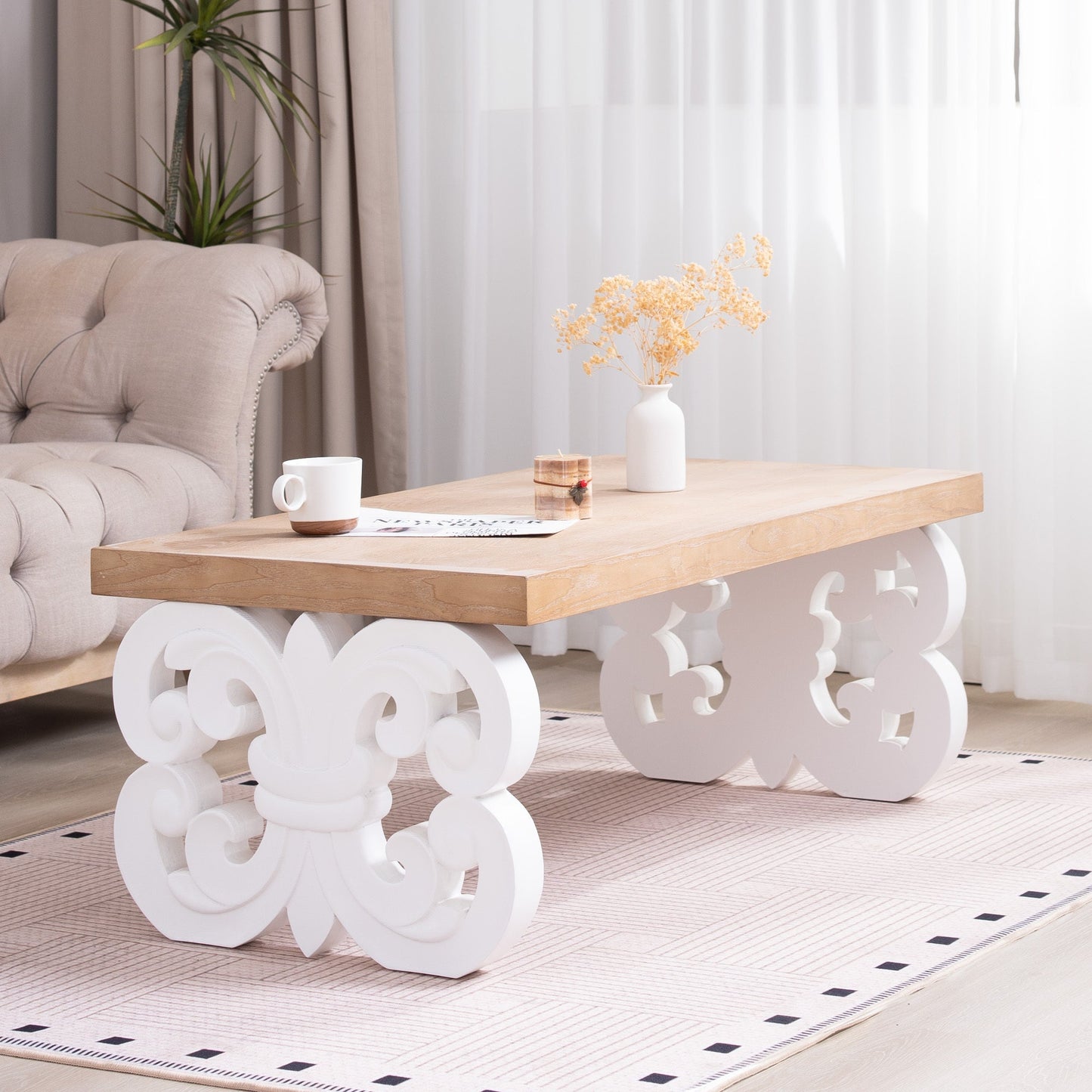 Ornate Wood Coffee Table – 47" Rectangular Farmhouse Style Table