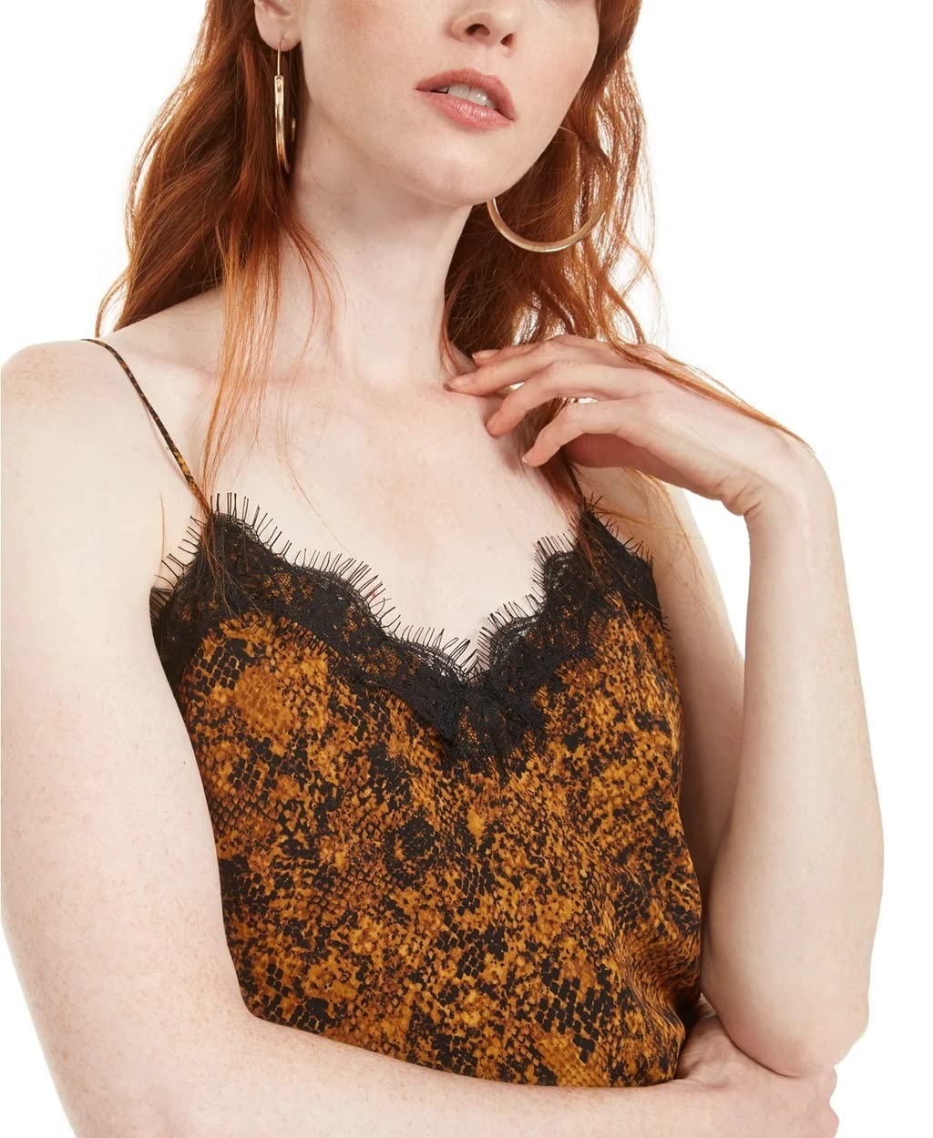 Blusa feminina Bar III média amarela com estampa de cobra e acabamento em renda, tamanho grande