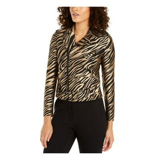 Jaqueta bolero feminina preta com zíper e cinto estampado, tamanho 8, da Anne Klein