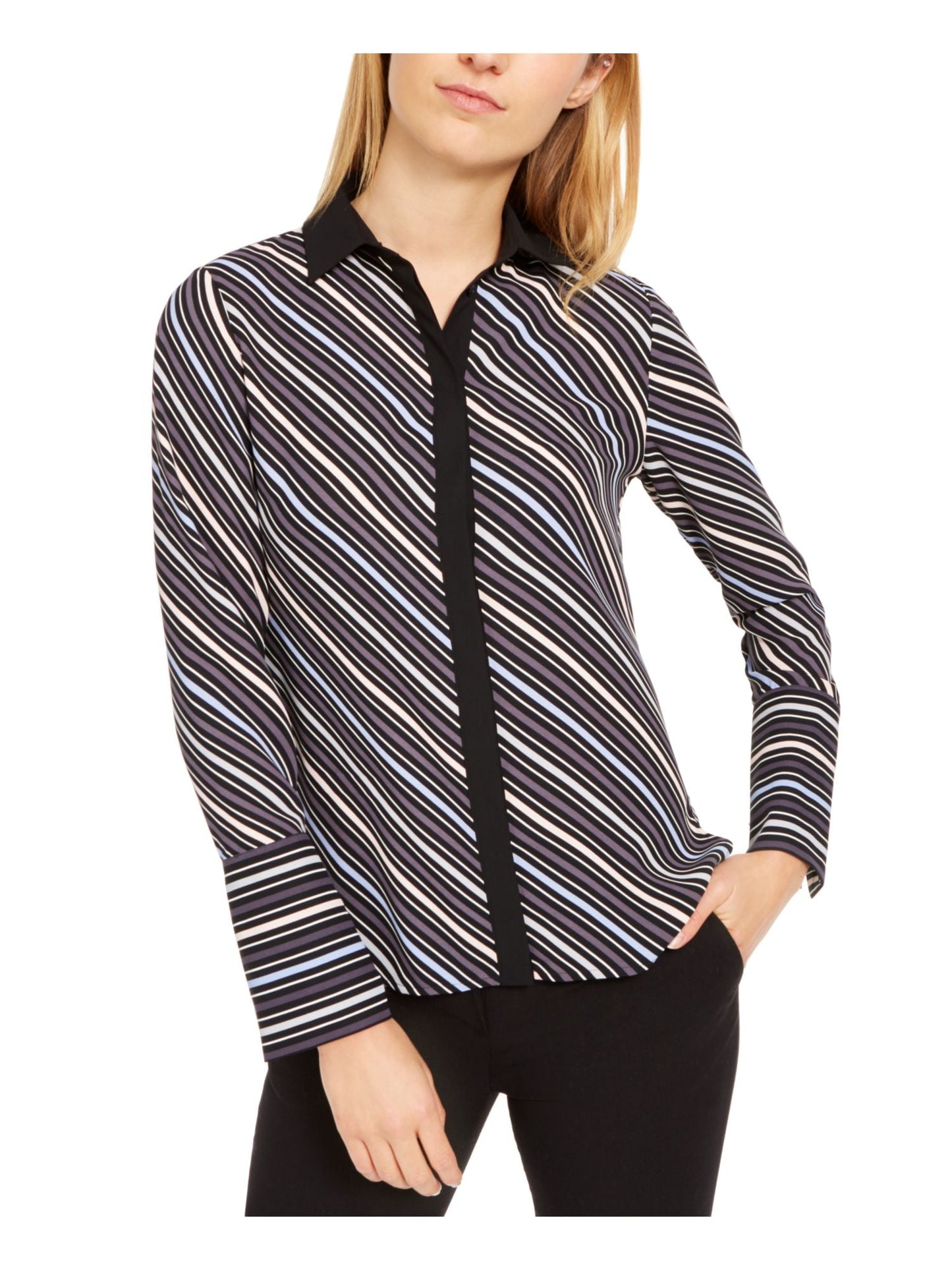 Blusa feminina Anne Klein listrada de manga comprida com gola cinza tamanho X-S