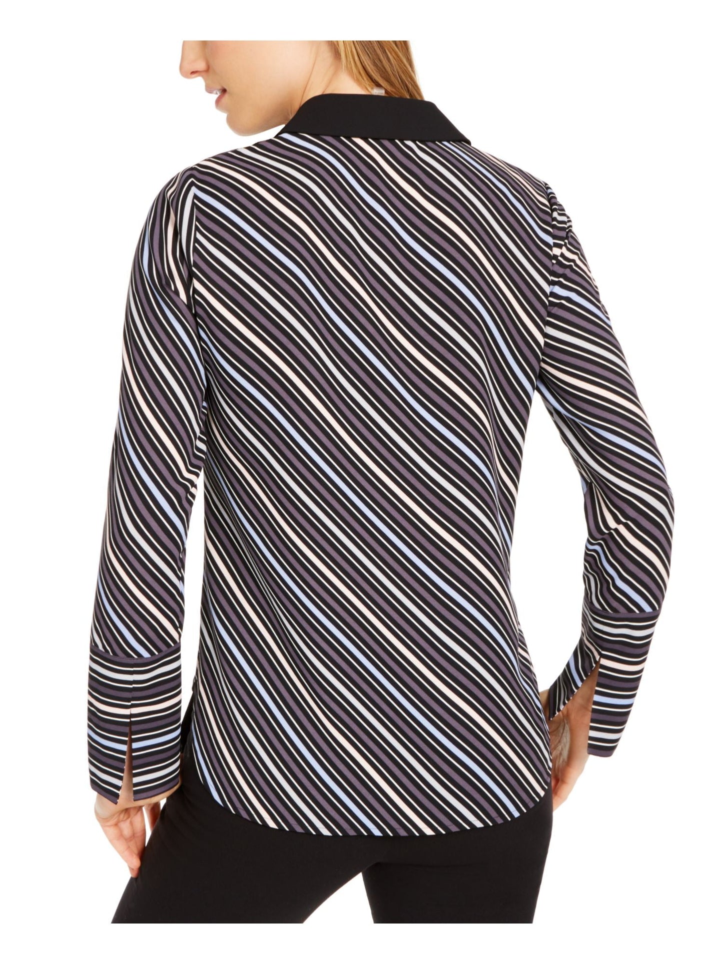 Blusa feminina Anne Klein listrada de manga comprida com gola cinza tamanho X-S